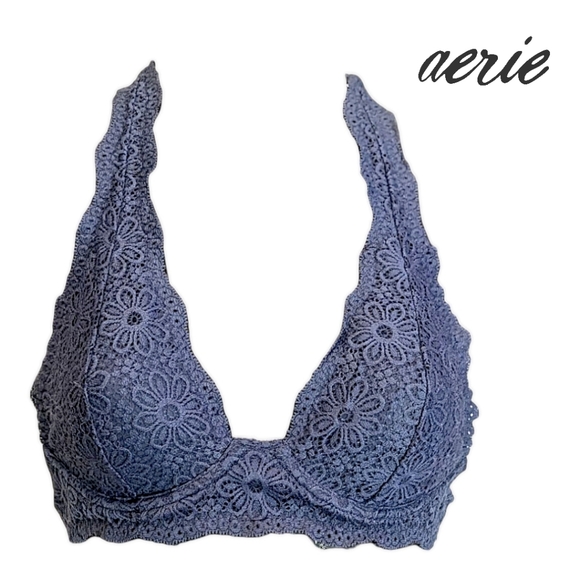 NWOT Aerie - 34A Unlined Plunge Halter Bra - Vintage Style Floral Lace Overlay - Picture 1 of 4
